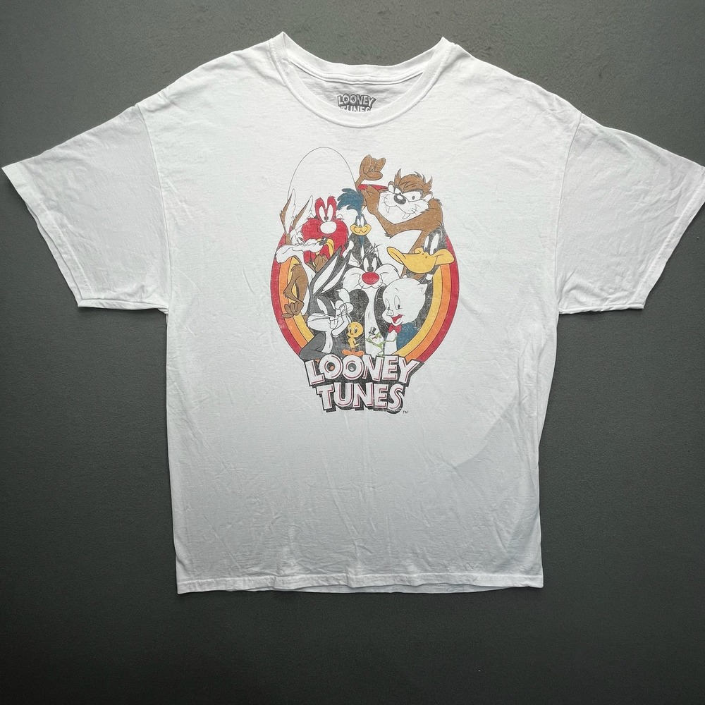 Looney Tunes Characters LOGO Graphic T Shirt XL White Cotton Short Sleeve‎
